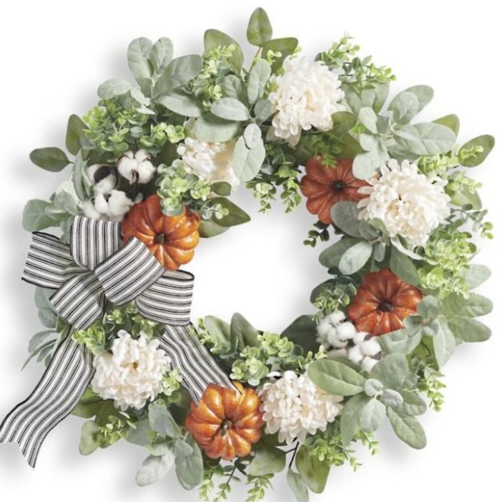 New Grandin Road 24" Farmhouse Pumpkin Floral Halloween Fall Wreath HTF Sold Out